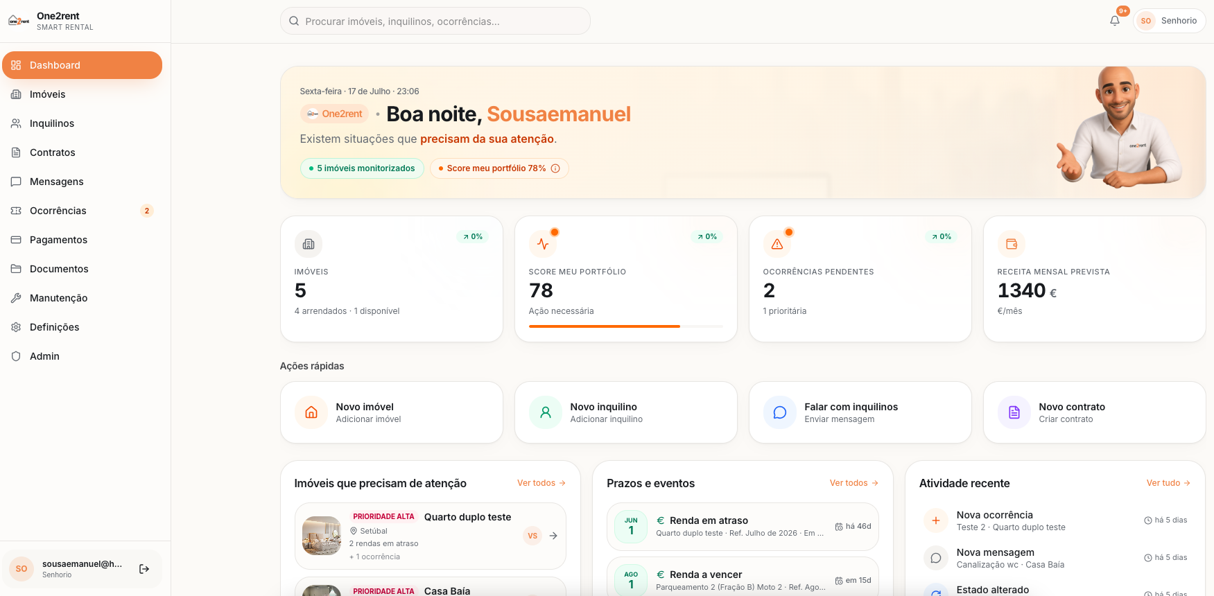 One2Rent — Dashboard do senhorio